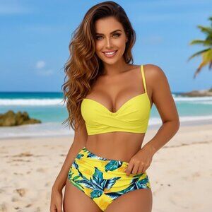 Leaf Print Yellow Bikini Set 👙 V Neck & High-Cut Bottom | Size Medium (6)